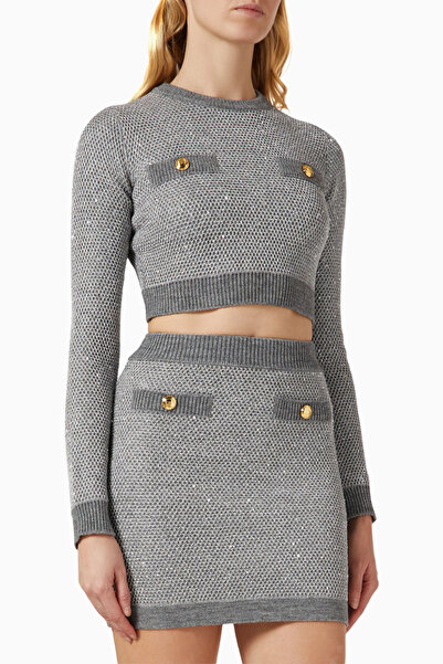 Elisabetta Franchi Sequined Embroidered, Jewel Buttoned Short Knit Sweater