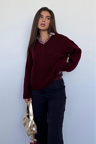 ELBA STİL Pulover de damă tricotaj cu decolteu în V bordeaux