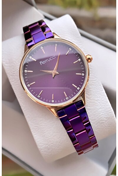 Ferrucci Kadın Kol Saati – Mor Kadran, Rose Gold Çelik Kordon, Taşlı Minimal Tasarım, Bileklik Hediyeli
