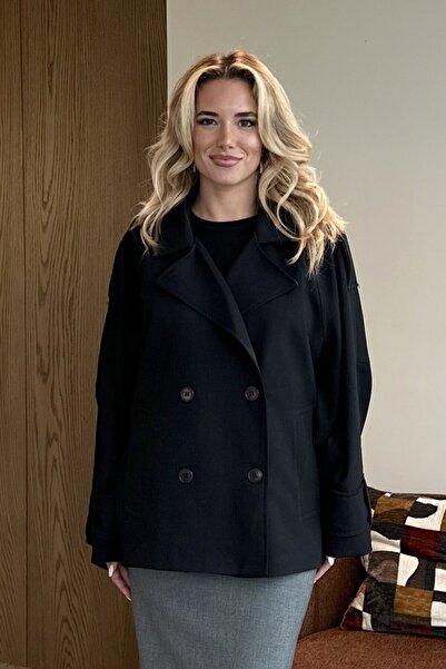 Laluvia Siyah Kruvaze Kısa Trençkot - 7537