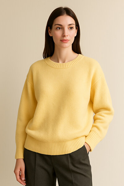 DTBUTİK Kadın SARI Oversize Triko Kazak - Yumuşak Dokulu Bisiklet Yaka