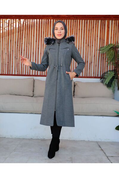 KMKkombin Women's Cashmere Stamp Hooded Fur Coat Coat