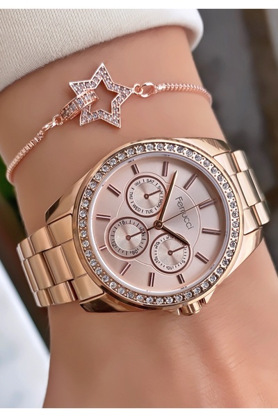 Ferrucci Kadın Kol Saati – Rose Gold Çelik Kordon, Yıldız Figürlü Bileklik Hediyeli