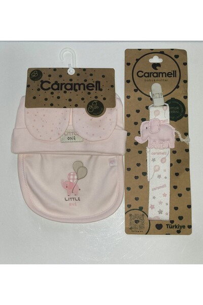 Caramell My Baby Kumsal 3-Piece Set Accessories Glove Apron Beanie Soft Color 2079 and Pink Elephant Pacifier Strap