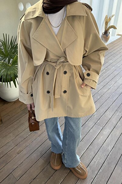 lamelif Short Trench Coat with Shoulder Epaulettes Beige