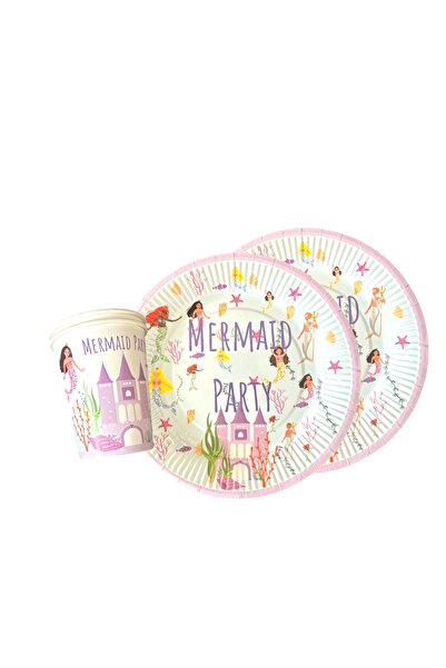 Partifabrik Mermaid Themed Cardboard Plates and Cups 8 Plates 8 Cups