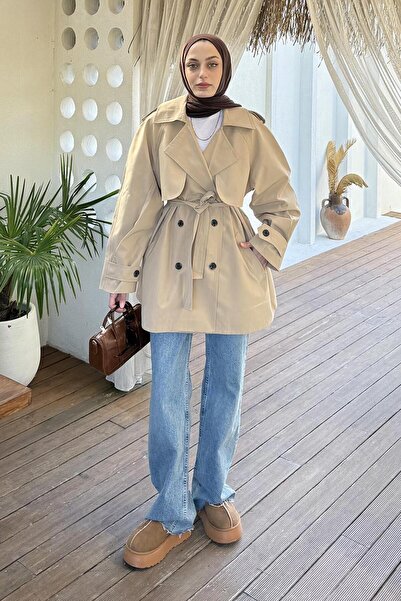 lamelif Κοντό παλτό με επένδυση ώμου μπεζ