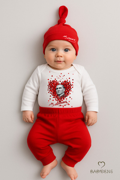 BABYDEN'S Atatürk Temalı Uzun Kollu 3’lü Yenidoğan Bebek Takımı (Body + Panto...