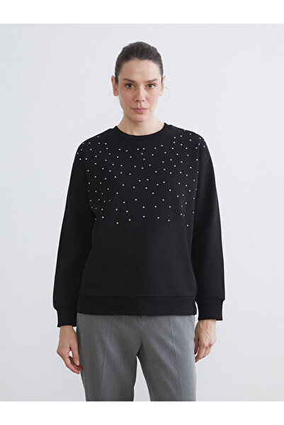 LC Waikiki Crew Neck Rhinestone Printed Oversized Women's Thick Sweatshirt