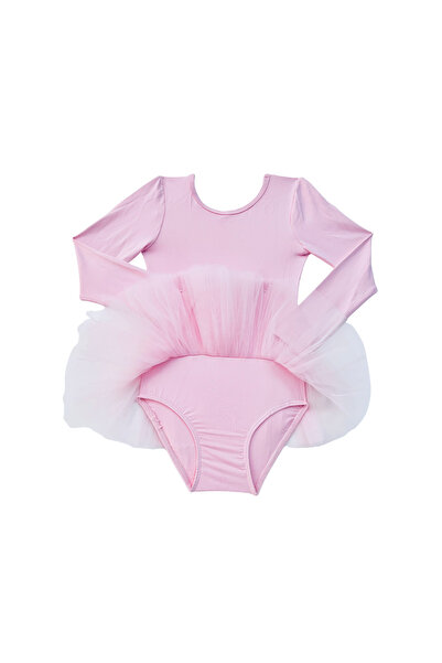 LULLY KİDS Kız Çocuk Pembe Uzun Kol Tütü Etekli Bale ve Cimnastik Mayosu