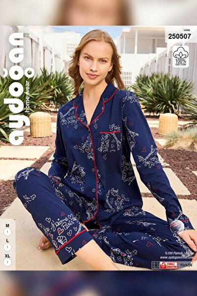 Aydoğan Women's Sara Front Buttoned Cotton Navy Blue Pajama Set 0507