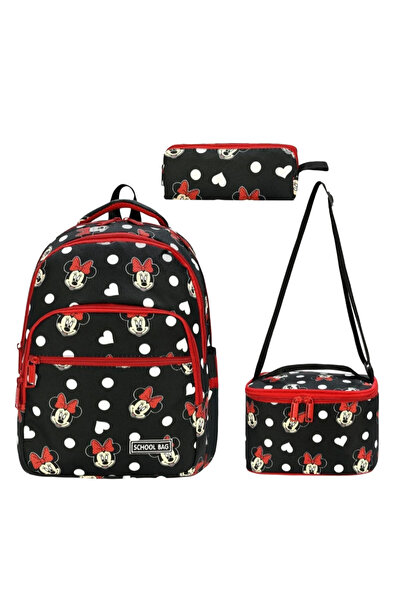 KY Kız İlkokul Ortopedik Siyah 3 lü Çanta Seti 4 Bölmeli Suluklu Gözlü Beslen...