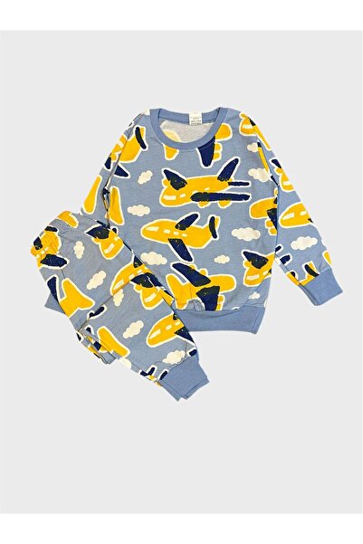 ALİŞ KİDS Erkek Çocuk Pamuklu Şardonlu Mavi Renk Uçak Desenli Uzun Kollu Kışlık Pijama Takımı