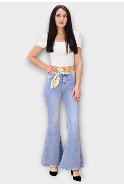 Elis Fashion Women's Blue High Waist Flared Jeans with Scarf