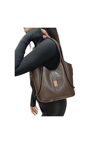 EZZY BLİSS Women's Bitter Brown Puppy Lockable Two-Piece Handbag Shoulder and Strap Bag - Bitter Brown