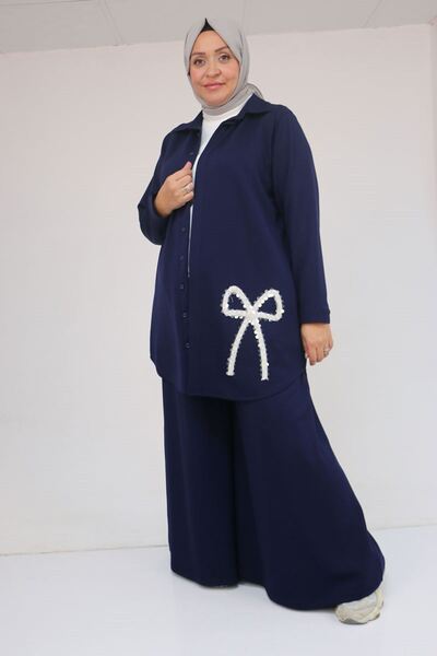 Eslina 57055 Plus Size Shirt Buttoned Pants Modal Set - Indigo
