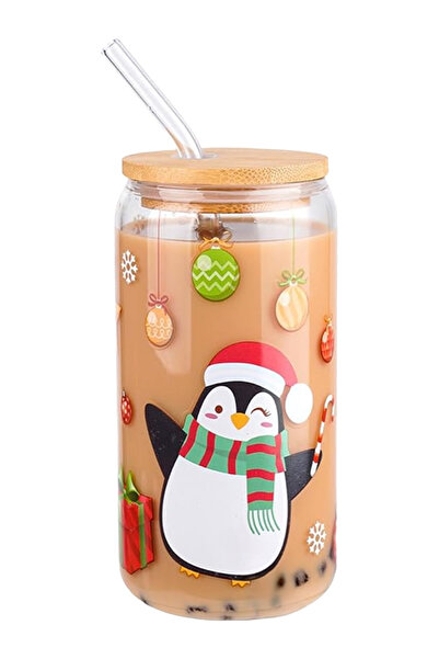 Kelira Bamboo Lid Cup with Straw Glass Cup with Straw Jar Cup Santa Claus 1 Piece Durable 550 ml