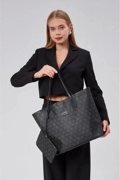 DMDBAGS Black-Black Patterned Vegan Leather Large Shoulder & Handbag, with Wa...