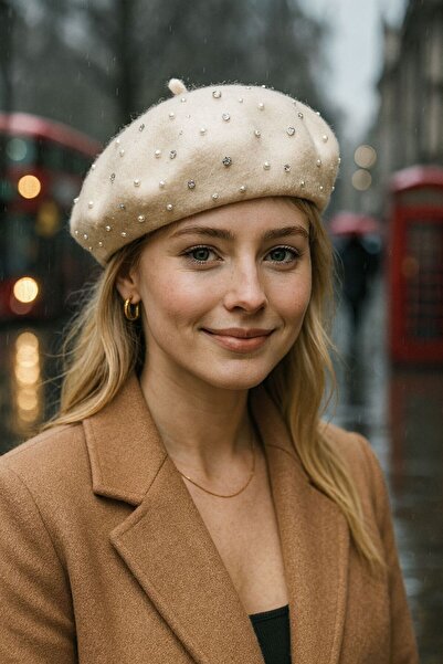 FELLMENS Beretă pentru femei Ressam, ecru, cu perle și pietre