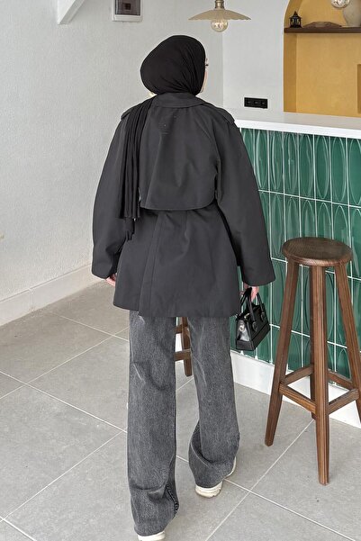 lamelif Short Trench Coat with Shoulder Epaulettes Black