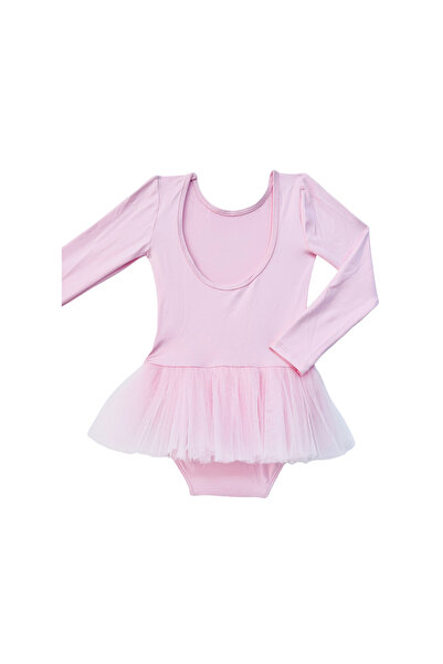 LULLY KİDS Kız Çocuk Pembe Uzun Kol Tütü Etekli Bale ve Cimnastik Mayosu