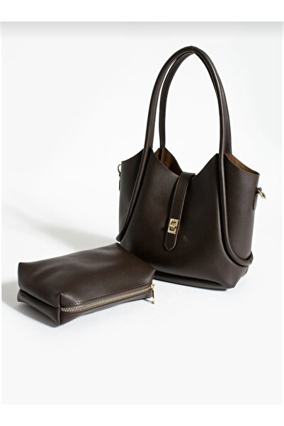 EZZY BLİSS Women's Bitter Brown Puppy Lockable Two-Piece Handbag Shoulder and Strap Bag - Bitter Brown