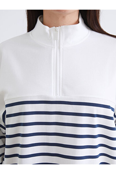 LC Waikiki Navy Blue Plus Size Striped Women's Sweatshirt Tunic