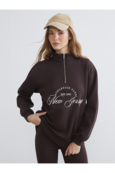 LC Waikiki Καφέ Νιου Τζέρσεϊ με τύπωμα oversized Γυναικείο χοντρό φούτερ