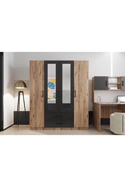 AVVİO Country West 4 Kapı 2 Çekmeceli Aynalı Gardrop Ceviz Siyah