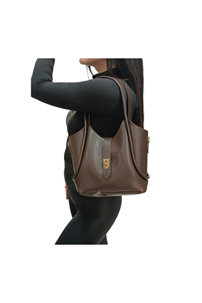 EZZY BLİSS Women's Bitter Brown Puppy Lockable Two-Piece Handbag Shoulder and Strap Bag - Bitter Brown