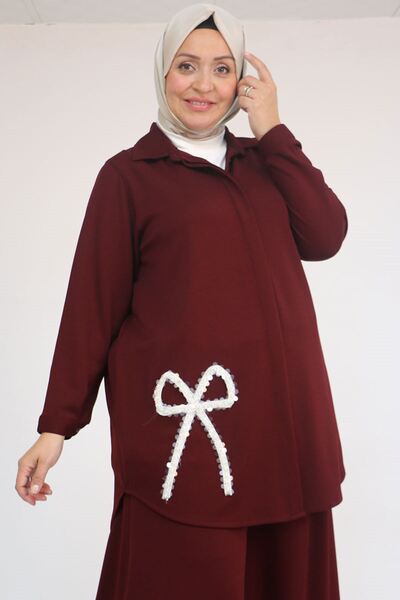 Eslina 57055 Plus Size Shirt with Buttoned Pants Modal Suit - Burgundy