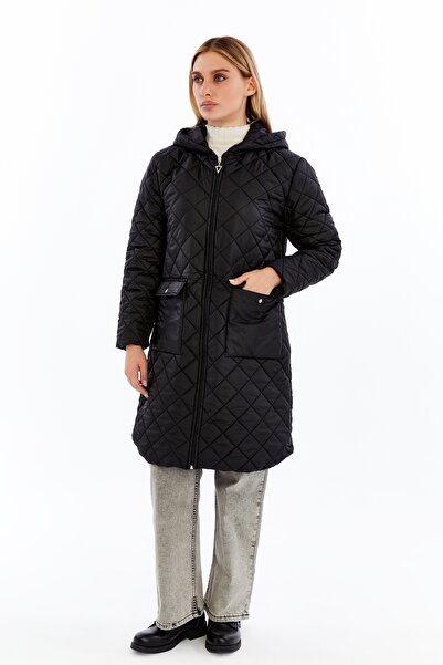 sehatex Women's Zipper Detailed Pocket Long-Sleeved Quilted Coat