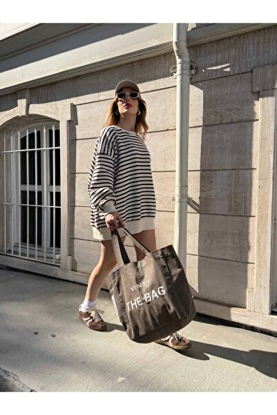YK FASHION Çizgili Oversize Şardonlu Sweat