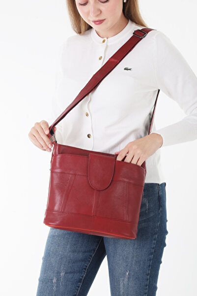 Erzeno Hakiki Deri Çok Gözlü Çapraz Askılı Bordo Kadın Omuz Çantası