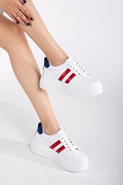 Erceka Pantofi sport pentru femei, pantofi sport, potriviti pentru purtarea zilnică, alb-negru-roșu, albastru cu șireturi