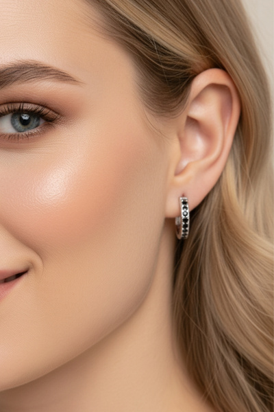 bymissmücevherat 925 Ayar Gümüş Siyah Taşlı 12mm Halka Küpe