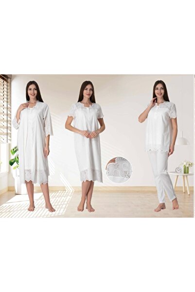 Lohusa Homewear Women's Ecru Linen Ruffled Maternity Pajama Set Nightgown 4-P...