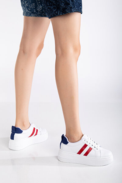 Erceka Pantofi sport pentru femei, pantofi sport, potriviti pentru purtarea zilnică, alb-negru-roșu, albastru cu șireturi