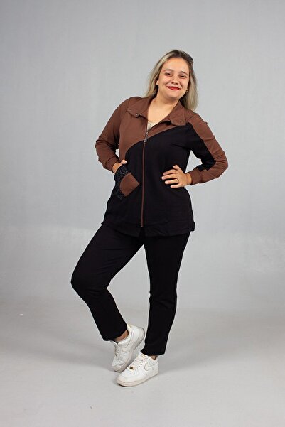 Truva XXL Stone Detailed Elegance! Plus Size Black Brown Tracksuit Set