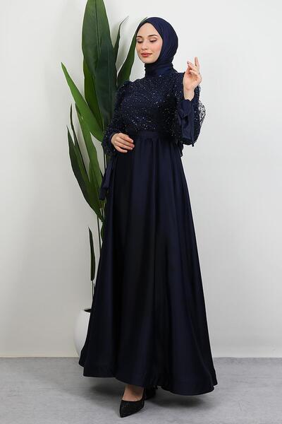 GİYZAMİLA Tarlatanlı Pullu Abiye Lacivert
