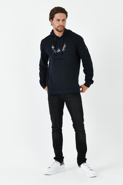 ENQUE Men's Loose Winter Hooded Printed Navy Blue Sweatshirt