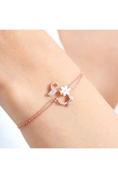 Mia Vento Işıltılı Manolya Çiçeği Ş Harfi Rose Renk Gümüş Harfli Bileklik