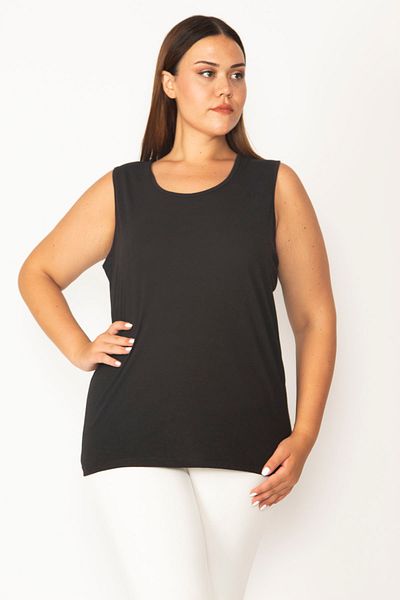 Şans Damen-Bluse, große Größe, schwarzer Baumwollstoff, Rundhalsausschnitt, ärmellos, 65n27624