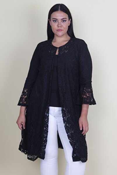 Şans Γυναικείο μεγάλου μεγέθους σακάκι δαντέλα με μαύρη γραμμή με λεπτομέρεια από φλάντζα στα μανίκια 65n27894