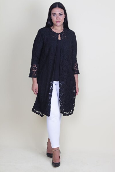 Şans Γυναικείο μεγάλου μεγέθους σακάκι δαντέλα με μαύρη γραμμή με λεπτομέρεια από φλάντζα στα μανίκια 65n27894