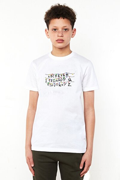 QIVI Unisex dečija bela majica Stranger Things sa božićnim lampicama Štampano