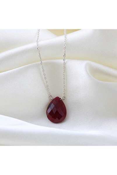 Haşimi Doğaltaş Yakut Doğaltaşlı Minimal Damla Gümüş Kolye