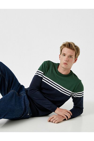 Koton Men's Navy Blue Striped Sweater