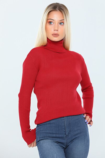 Maxi İdol Women's Red High-Rise Long Sleeve Lycra Ribbed Knitwear Sweater