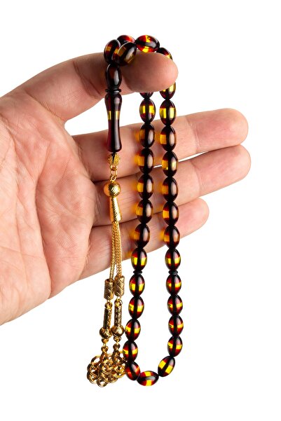 OTTOTESBİH Ανδρικό δώρο Ροζάριο με φούντες - Κίτρινο κόκκινο κεχριμπάρι σε σκ...